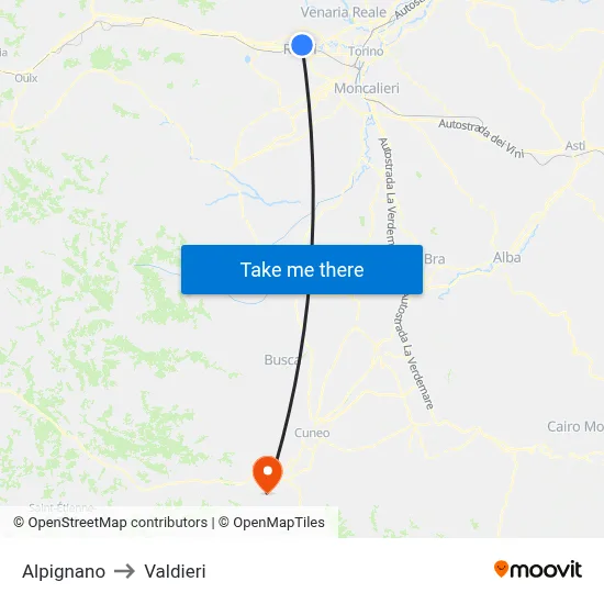 Alpignano to Valdieri map