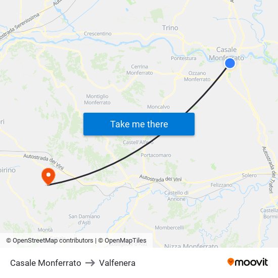 Casale Monferrato to Valfenera map