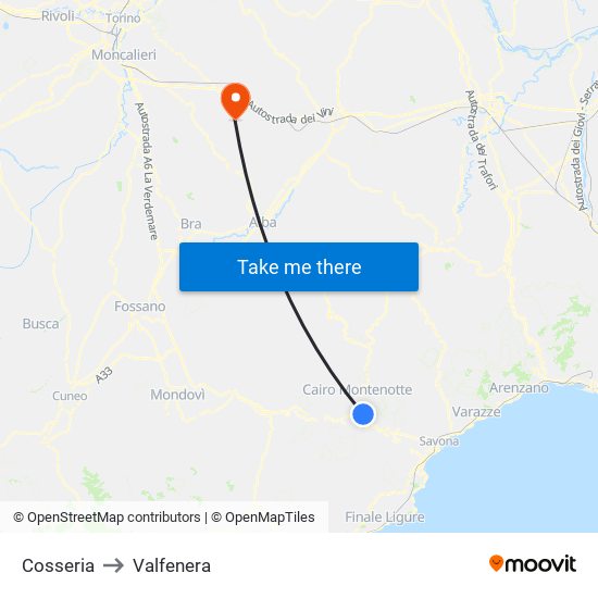 Cosseria to Valfenera map