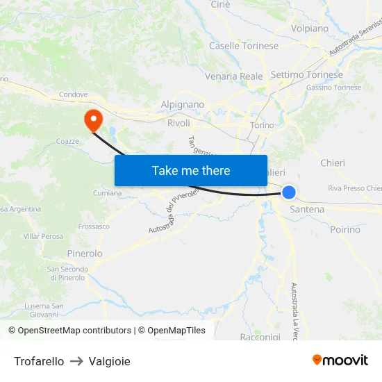 Trofarello to Valgioie map