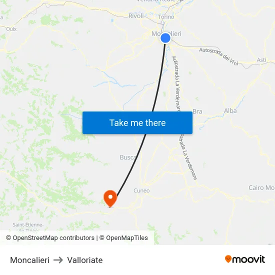 Moncalieri to Valloriate map