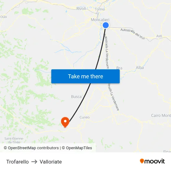 Trofarello to Valloriate map