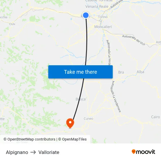 Alpignano to Valloriate map
