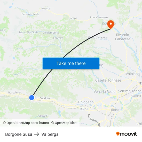 Borgone Susa to Valperga map