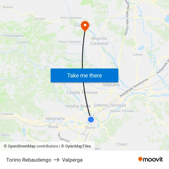 Turin Rebaudengo to Valperga map