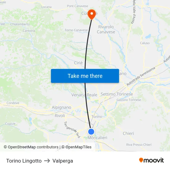 Turin Lingotto to Valperga map