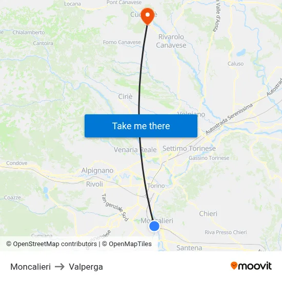 Moncalieri to Valperga map