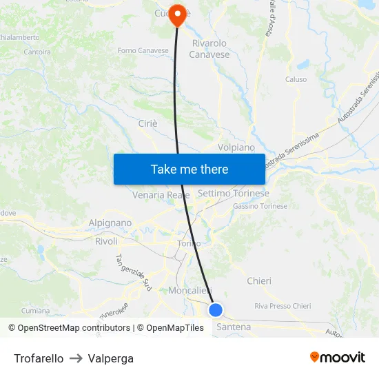 Trofarello to Valperga map