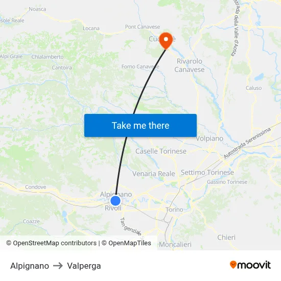 Alpignano to Valperga map