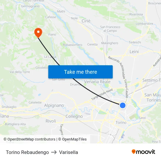 Turin Rebaudengo to Varisella map