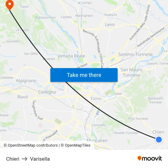 Chieri to Varisella map