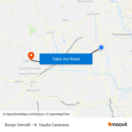 Borgo Vercelli to Vauda Canavese map