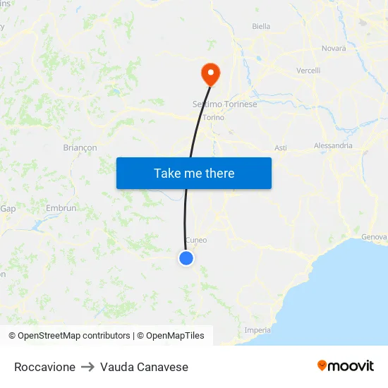Roccavione to Vauda Canavese map