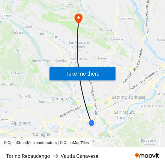 Turin Rebaudengo to Vauda Canavese map