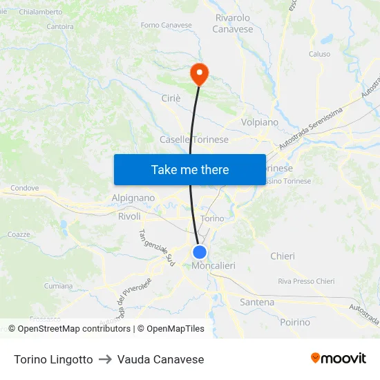 Turin Lingotto to Vauda Canavese map