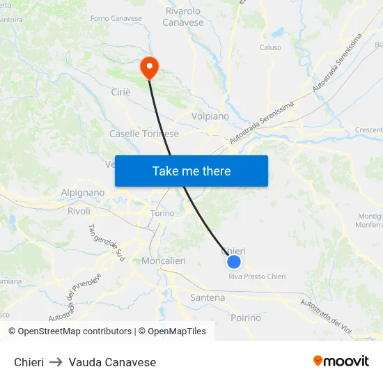 Chieri to Vauda Canavese map