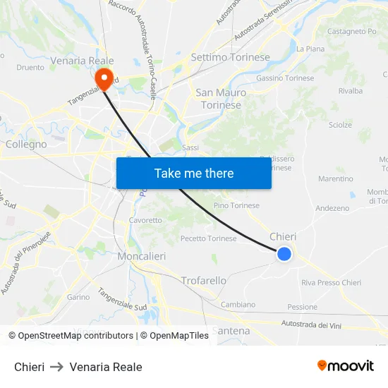 Chieri to Venaria Reale map