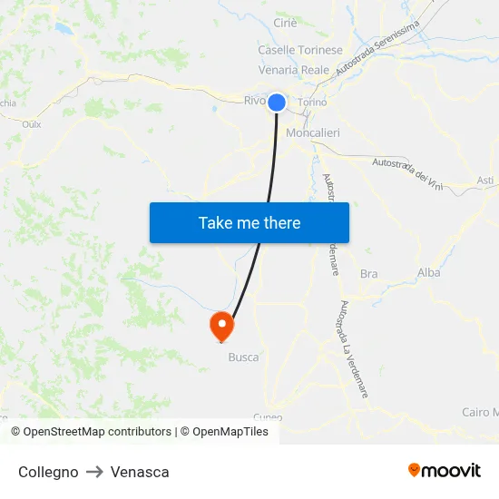 Collegno to Venasca map