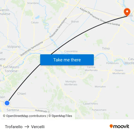 Trofarello to Vercelli map