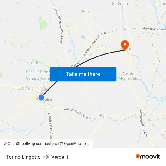 Turin Lingotto to Vercelli map