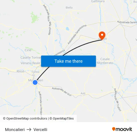 Moncalieri to Vercelli map