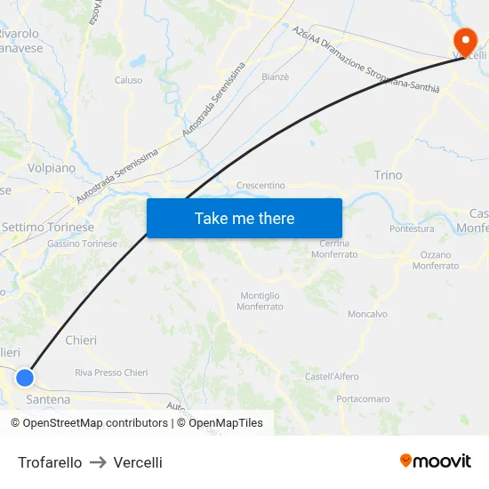 Trofarello to Vercelli map