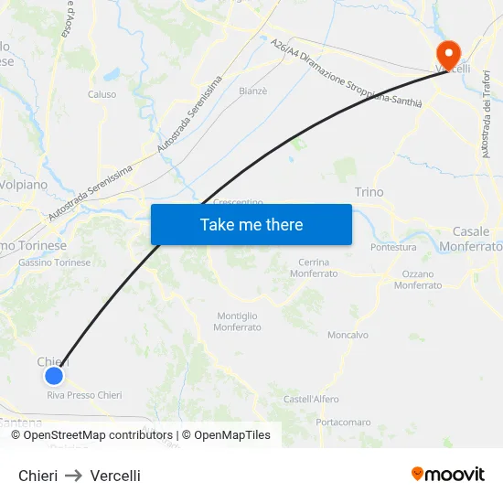 Chieri to Vercelli map