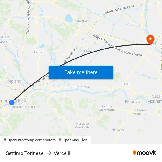 Settimo Torinese to Vercelli map