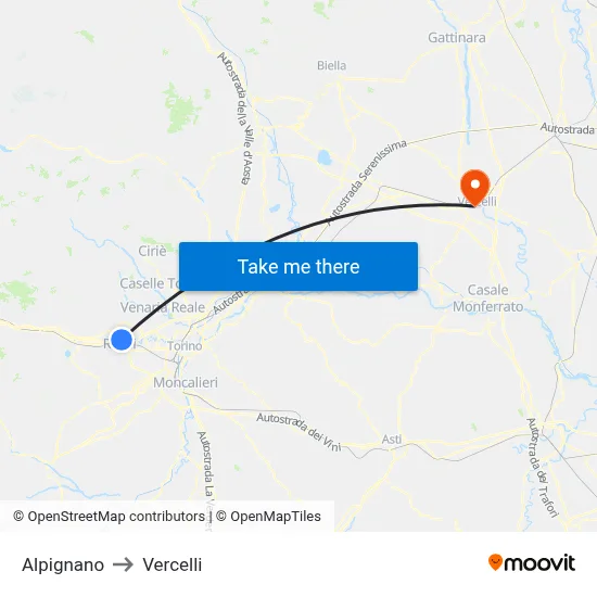 Alpignano to Vercelli map
