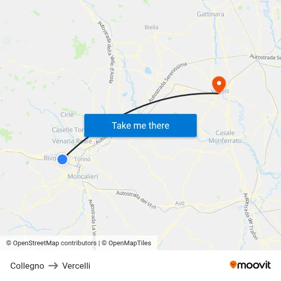 Collegno to Vercelli map