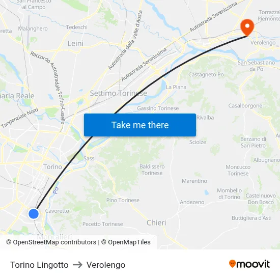 Turin Lingotto to Verolengo map
