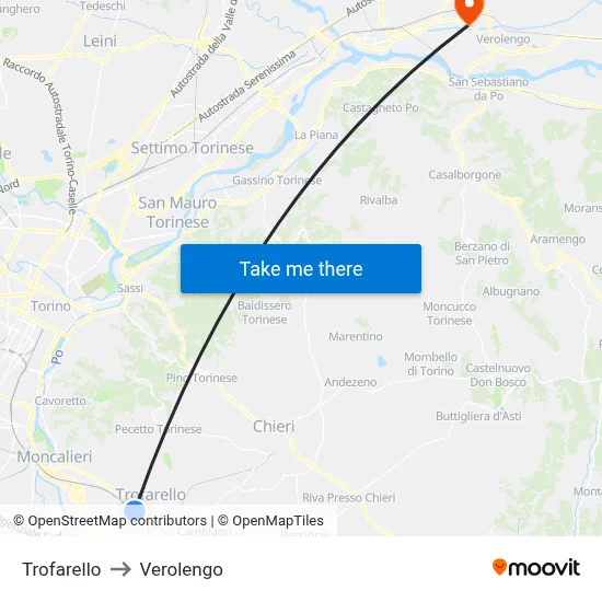 Trofarello to Verolengo map