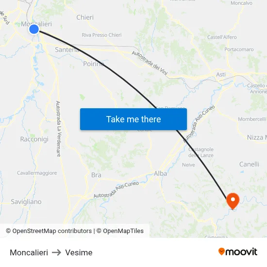 Moncalieri to Vesime map