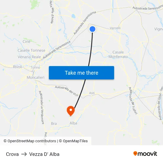 Crova to Vezza D'Alba map