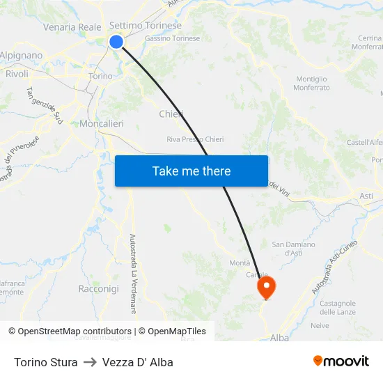 Turin Stura to Vezza D'Alba map
