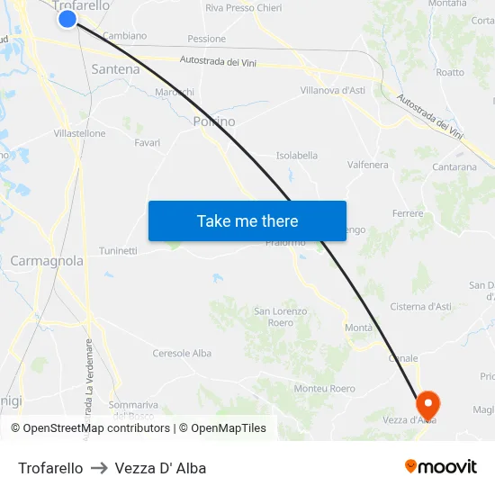 Trofarello to Vezza D'Alba map