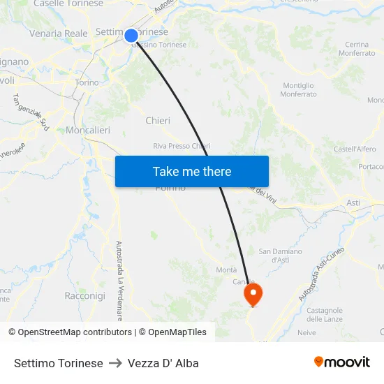 Settimo Torinese to Vezza D'Alba map