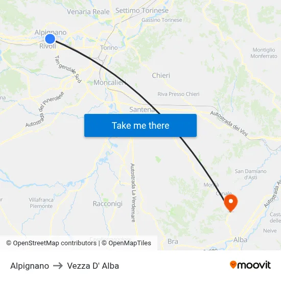 Alpignano to Vezza D'Alba map