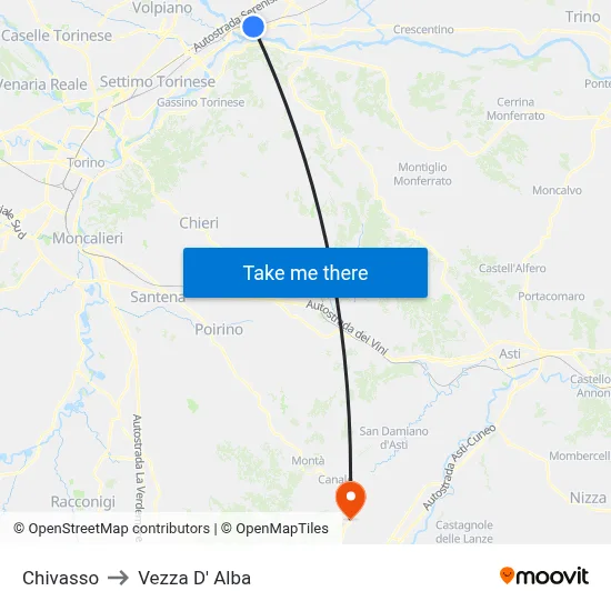 Chivasso to Vezza D'Alba map