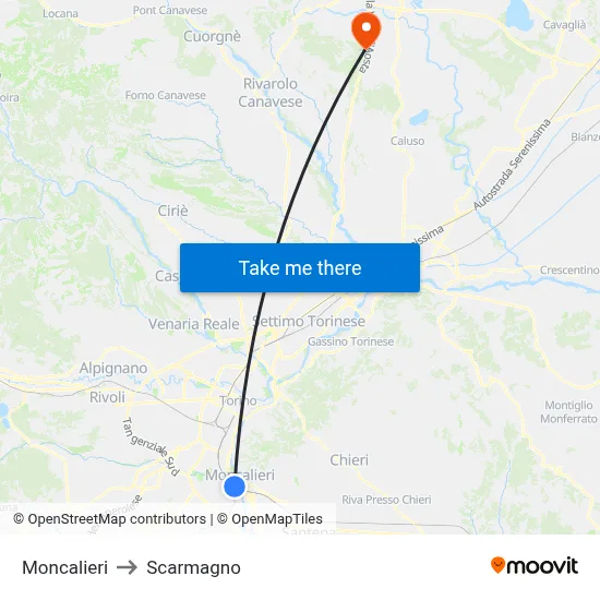 Moncalieri to Scarmagno map