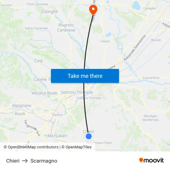 Chieri to Scarmagno map