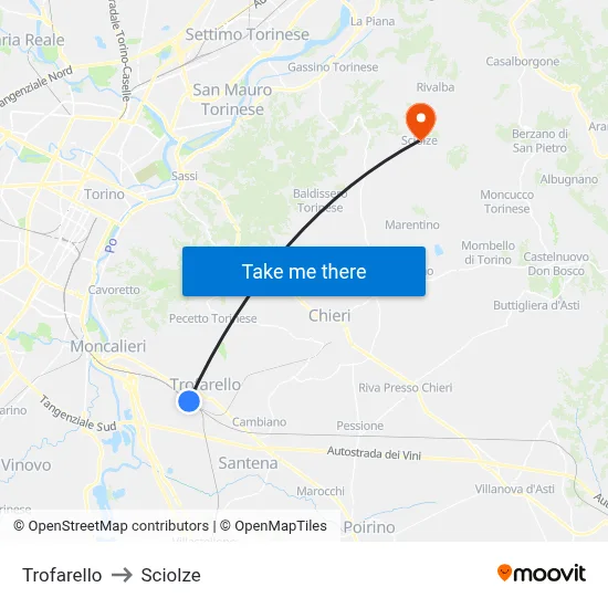 Trofarello to Sciolze map