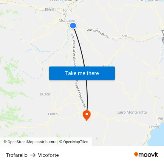 Trofarello to Vicoforte map