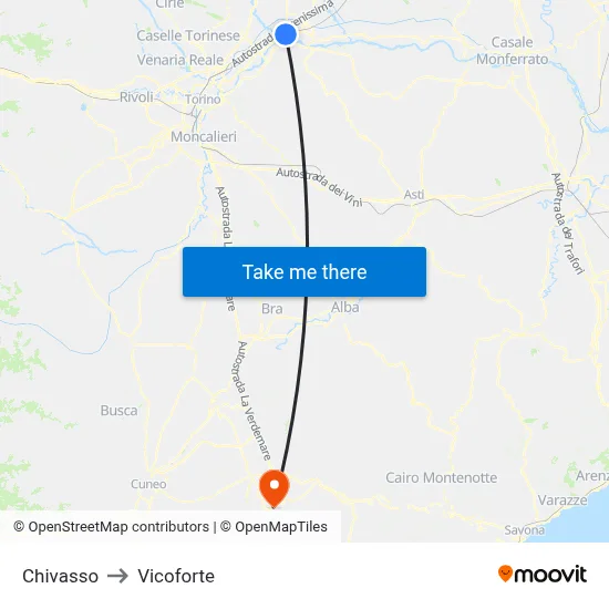 Chivasso to Vicoforte map