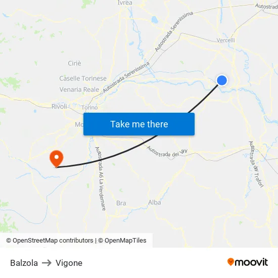 Balzola to Vigone map