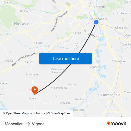 Moncalieri to Vigone map