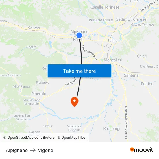 Alpignano to Vigone map