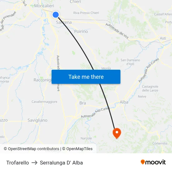 Trofarello to Serralunga D' Alba map