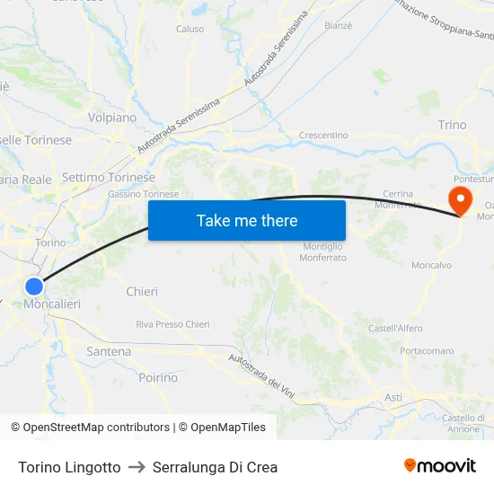 Turin Lingotto to Serralunga Di Crea map