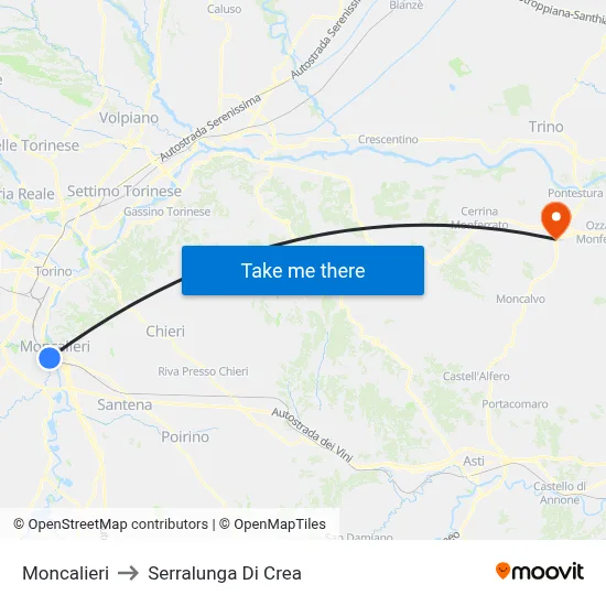 Moncalieri to Serralunga Di Crea map